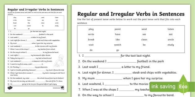 Regular and Irregular Verbs Worksheets for Year 3 PDF