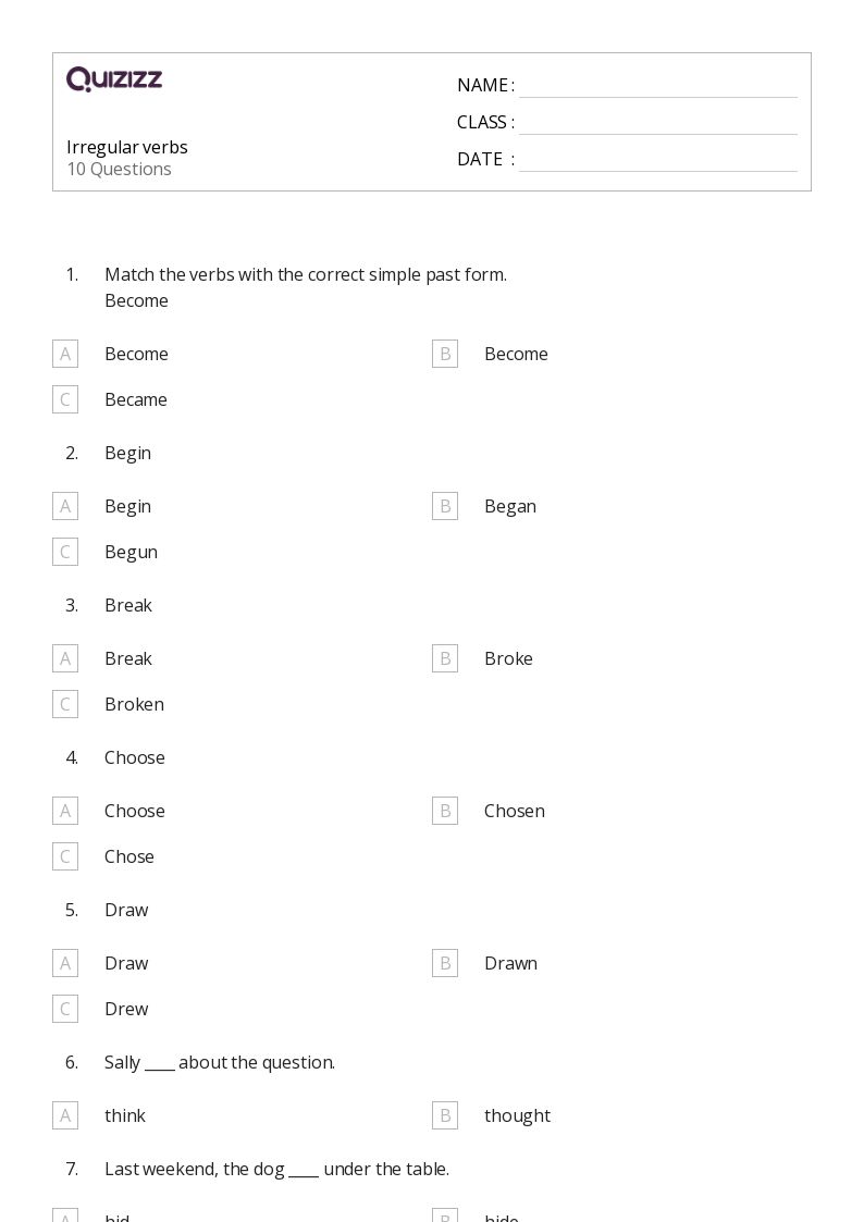 50+ Irregular Verbs worksheets for 4th Grade on Quizizz | Free ...