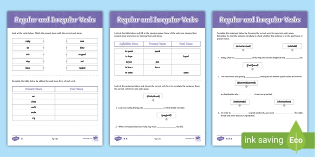 Regular and Irregular Verbs Worksheets (PDF) - KS2 Resource
