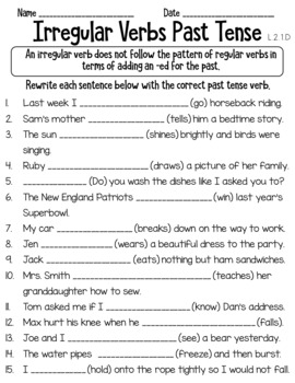 Irregular Verbs Past Tense Worksheet L.2.1.D Distance Learning | TPT