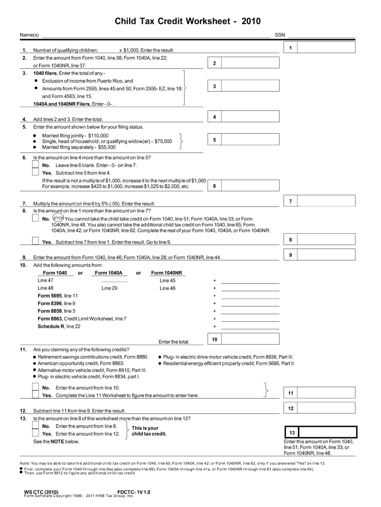 irs child tax credit worksheet