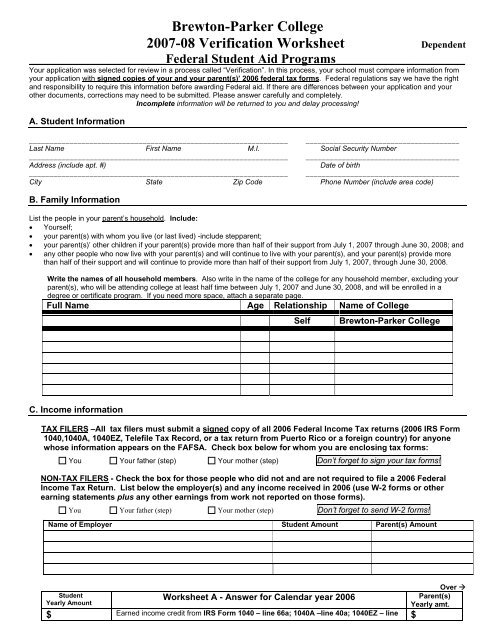 2004-05 Verification Worksheet Dependent - Brewton-Parker College