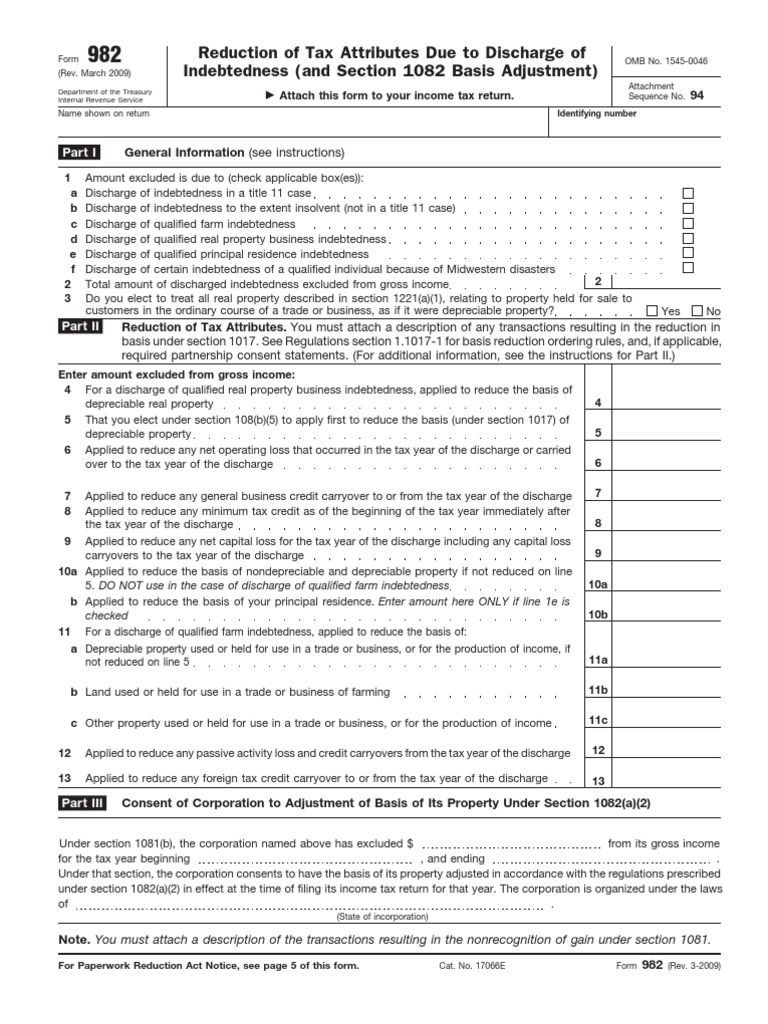 IRS Form 982 Reduction of Attributes Due To Discharge of ...