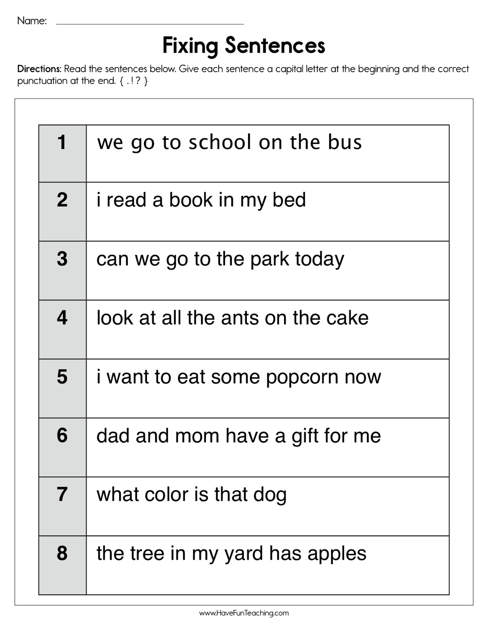 Fixing Sentences Worksheet  