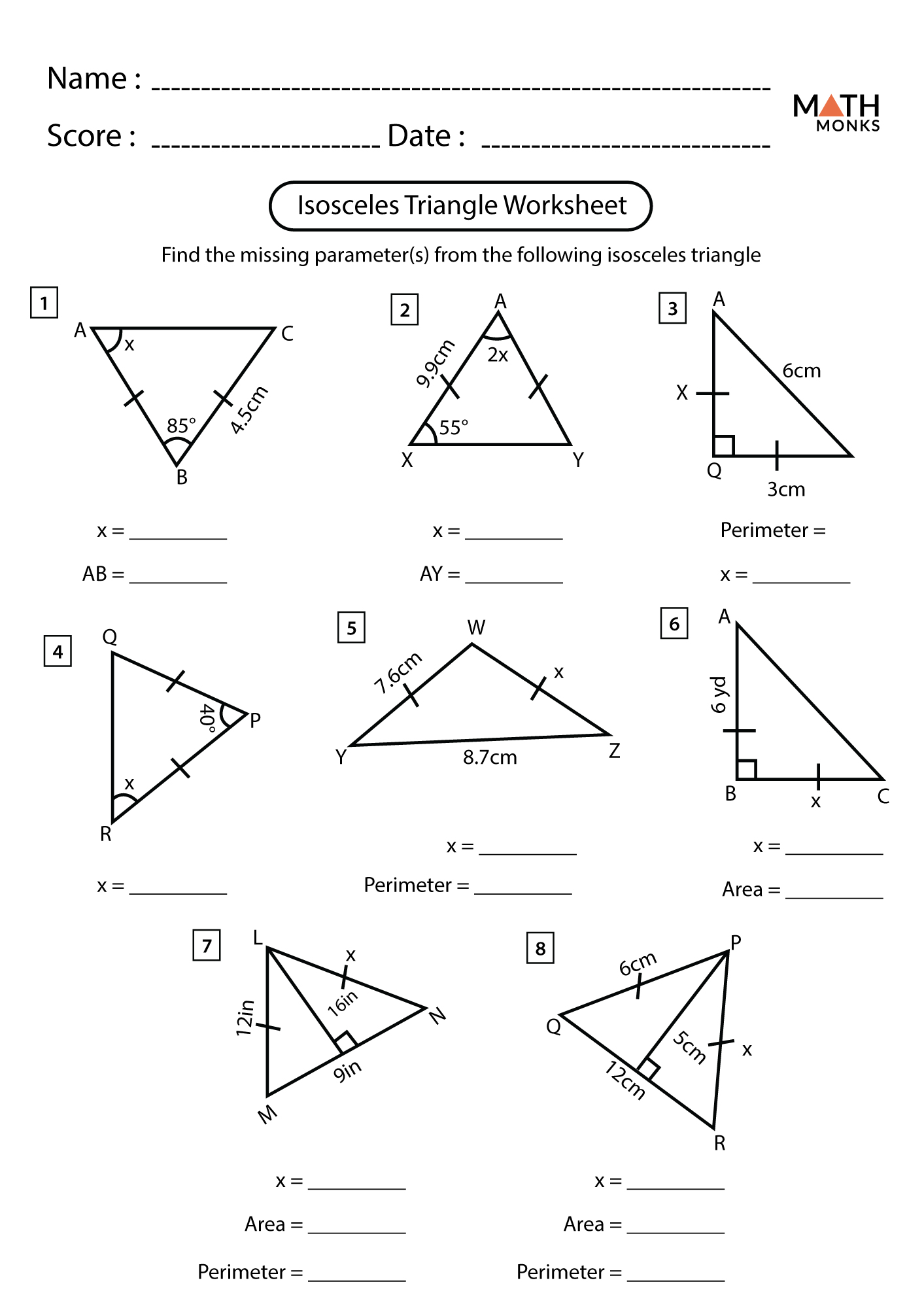 isosceles triangle and equilateral triangle worksheet