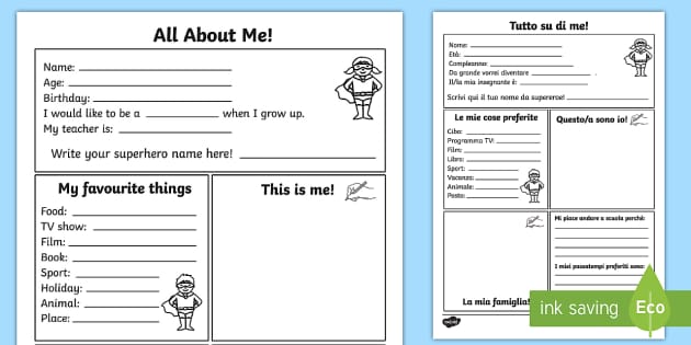 All About Me Worksheet / Worksheet Italian/English - All About Me ...