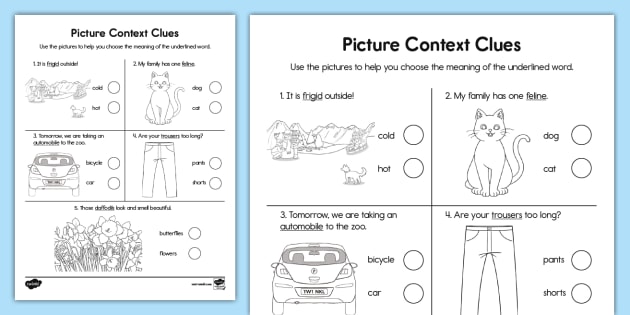 Picture Clues Activity for New Words for K-1st Grade