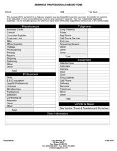 Business Professionals Business Deduction Worksheet - Italiano Tax ...