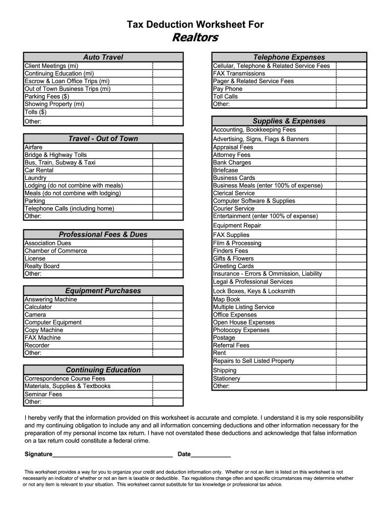 Real Estate Agent Tax Deductions Worksheet 2022 - Fill Online ...
