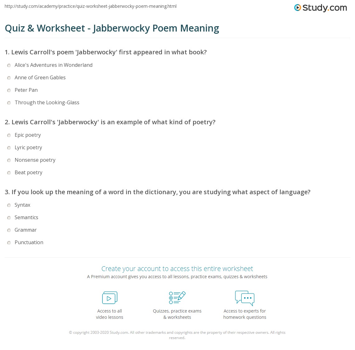 Parts of Speech with Jabberwocky Worksheets Library