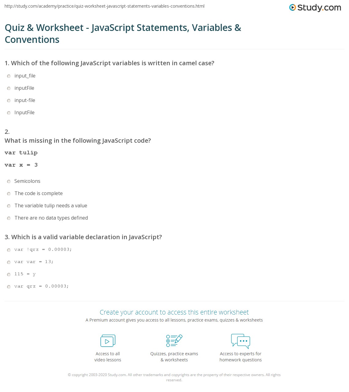 Quiz &  Worksheet - JavaScript Statements, Variables &  Conventions ...