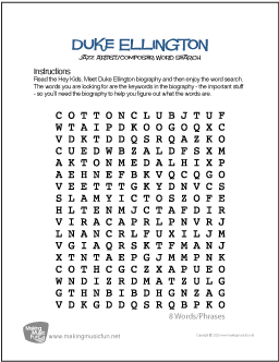 Duke Ellington | Free Jazz Artist/Composer Word Search Worksheet