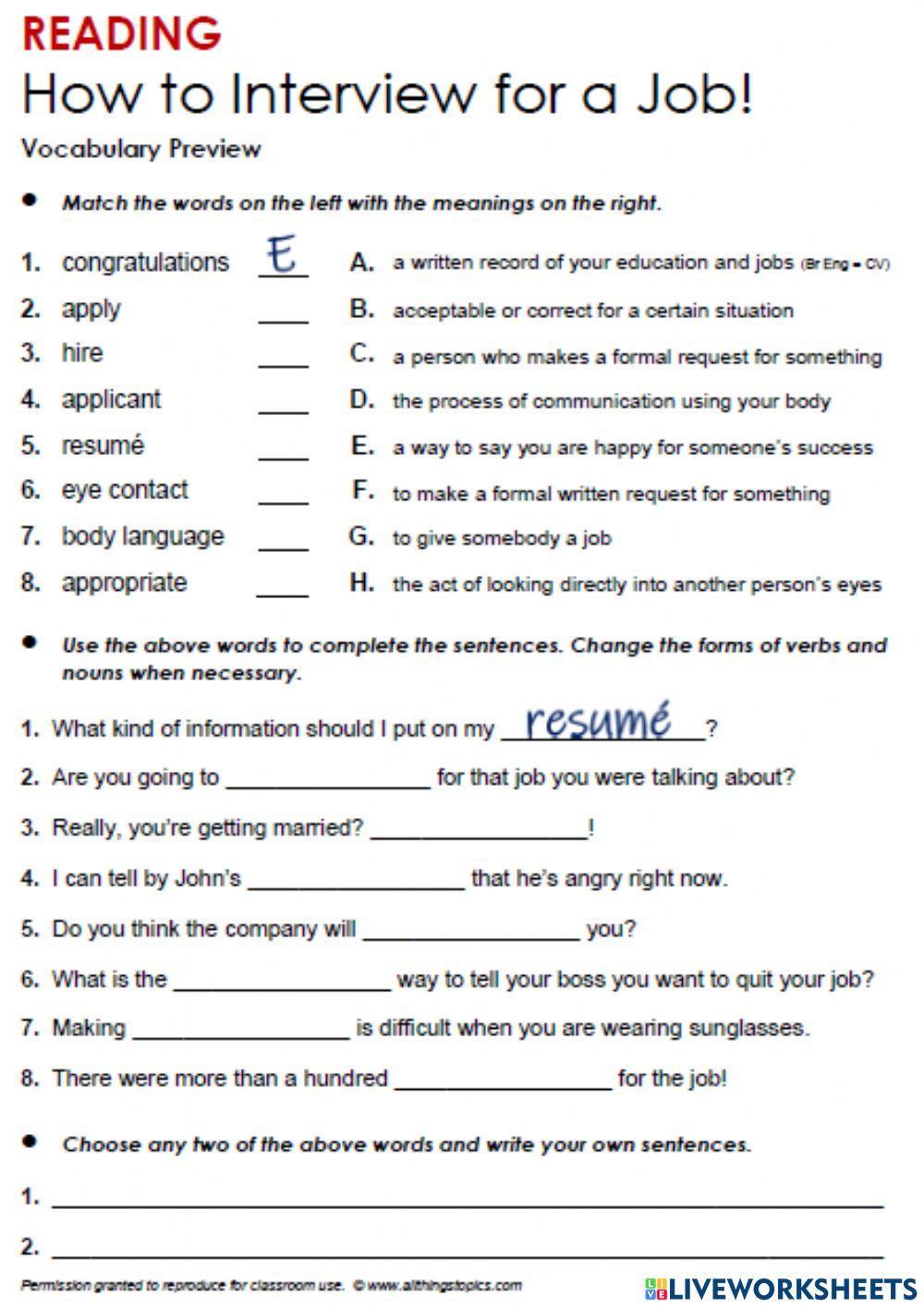 Printable Interview Questions Worksheet