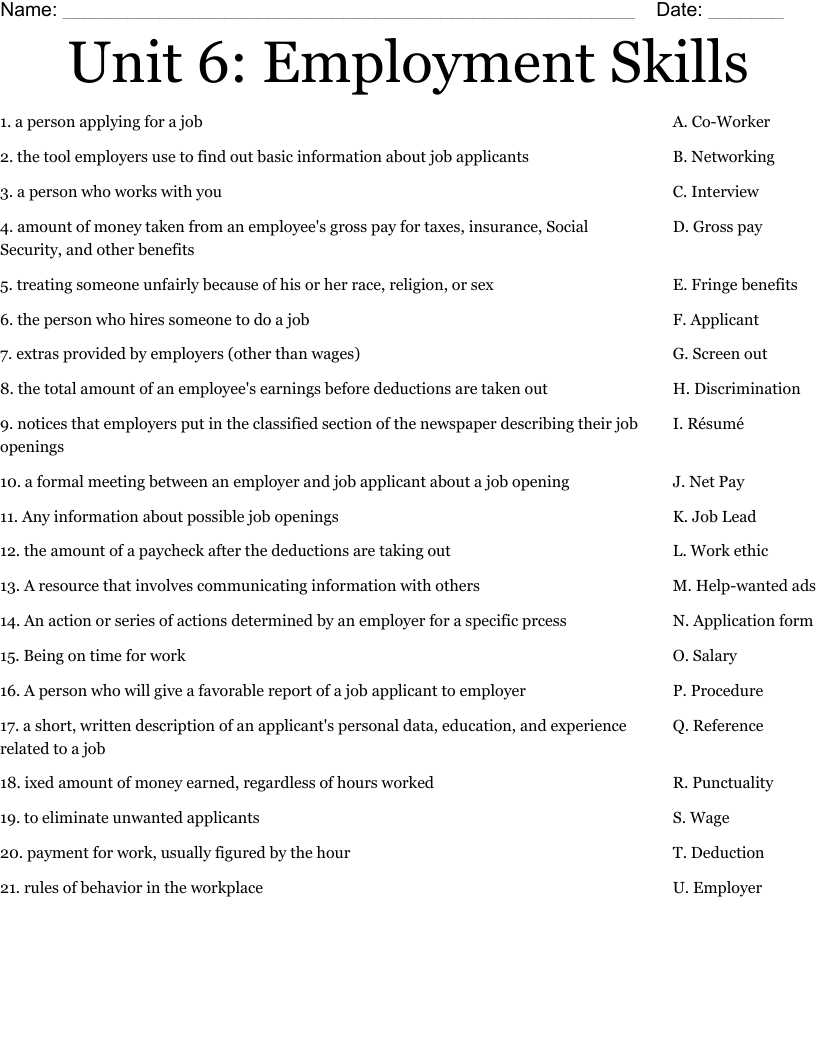 Unit 6: Employment Skills Worksheet - WordMint
