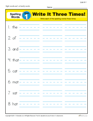 First Grade Spelling Words Week 1 - K12 Reader - Fill and Sign ...