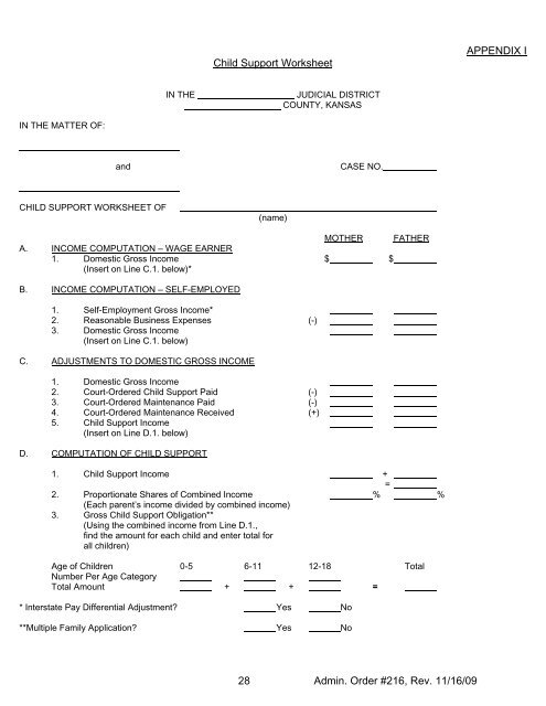 APPENDIX I Child Support Worksheet - Kansas Judicial Branch