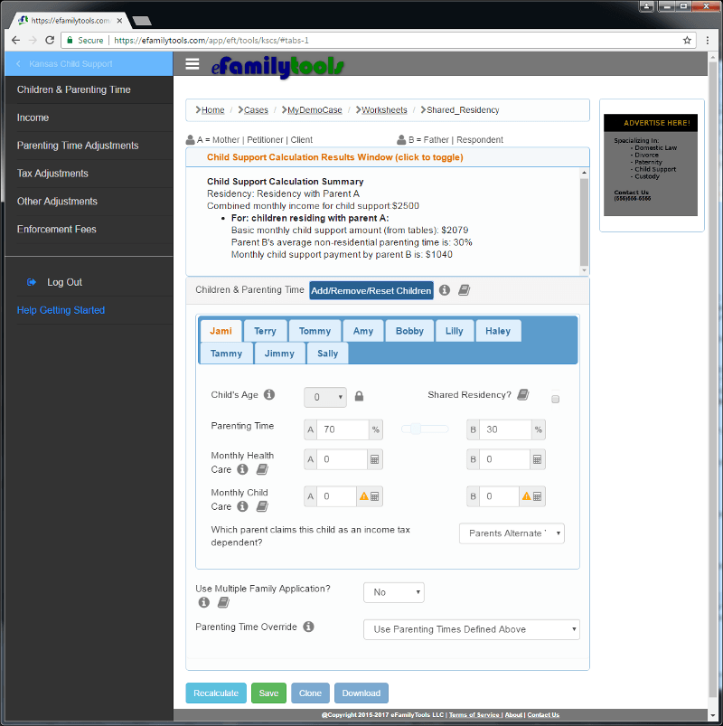 eFamilyTools Kansas Child Support Calculator Software and Legal Forms