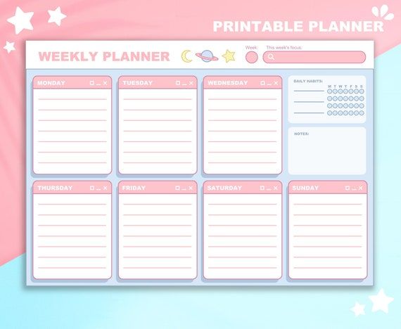 Printable Pastel Weekly Planner Cute Kawaii Pink Space Aesthetic ...