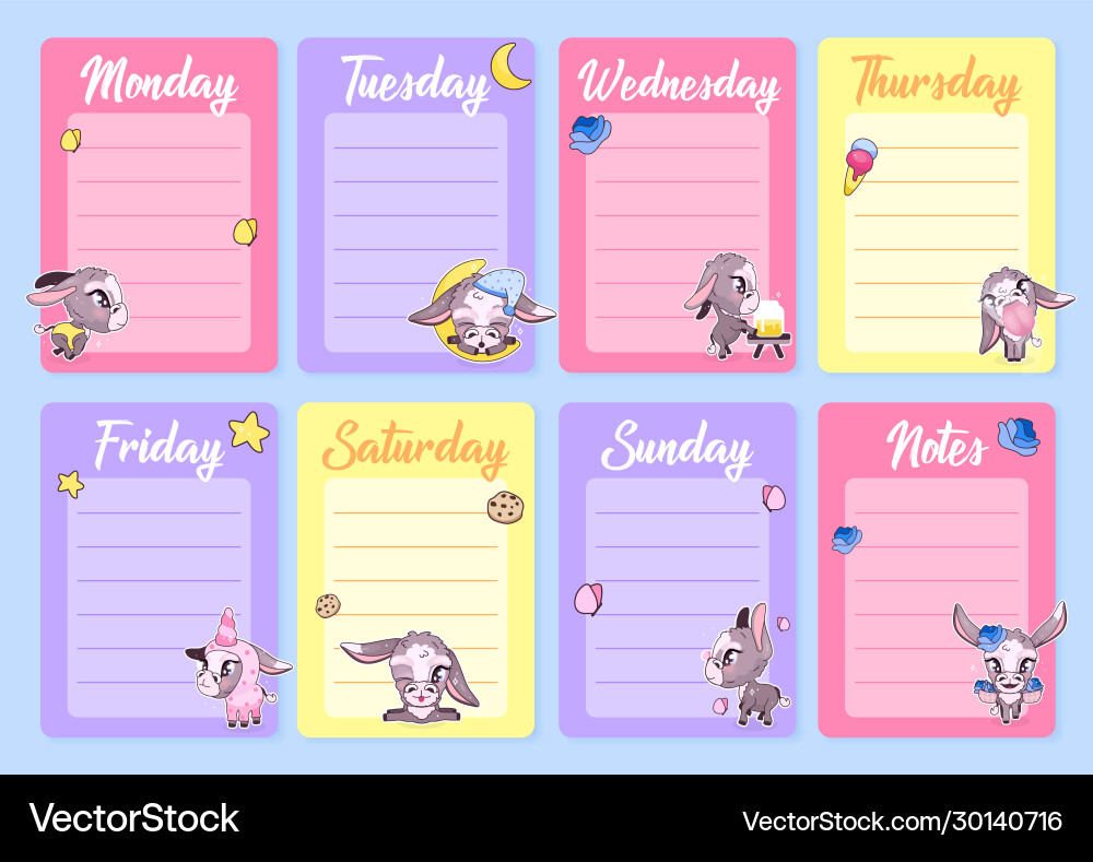 Niedliche Esel wöchentlich Planer Vorlage mit kawaii Vector Image