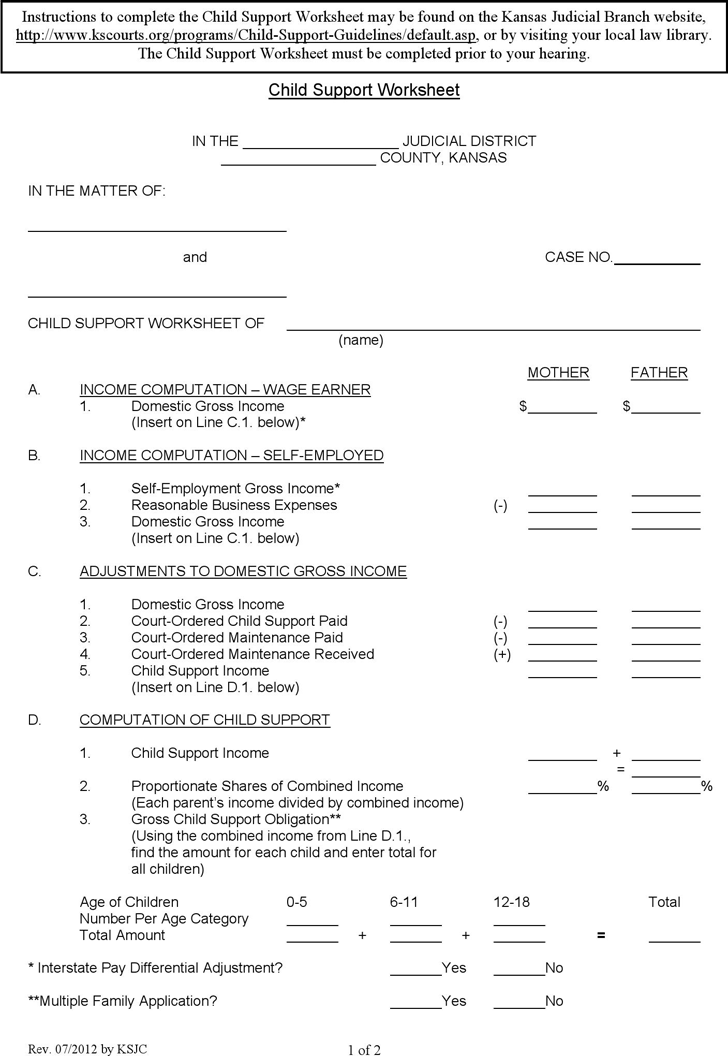 Free Kansas Child Support Worksheet - PDF | 20KB | 2 Page(s)