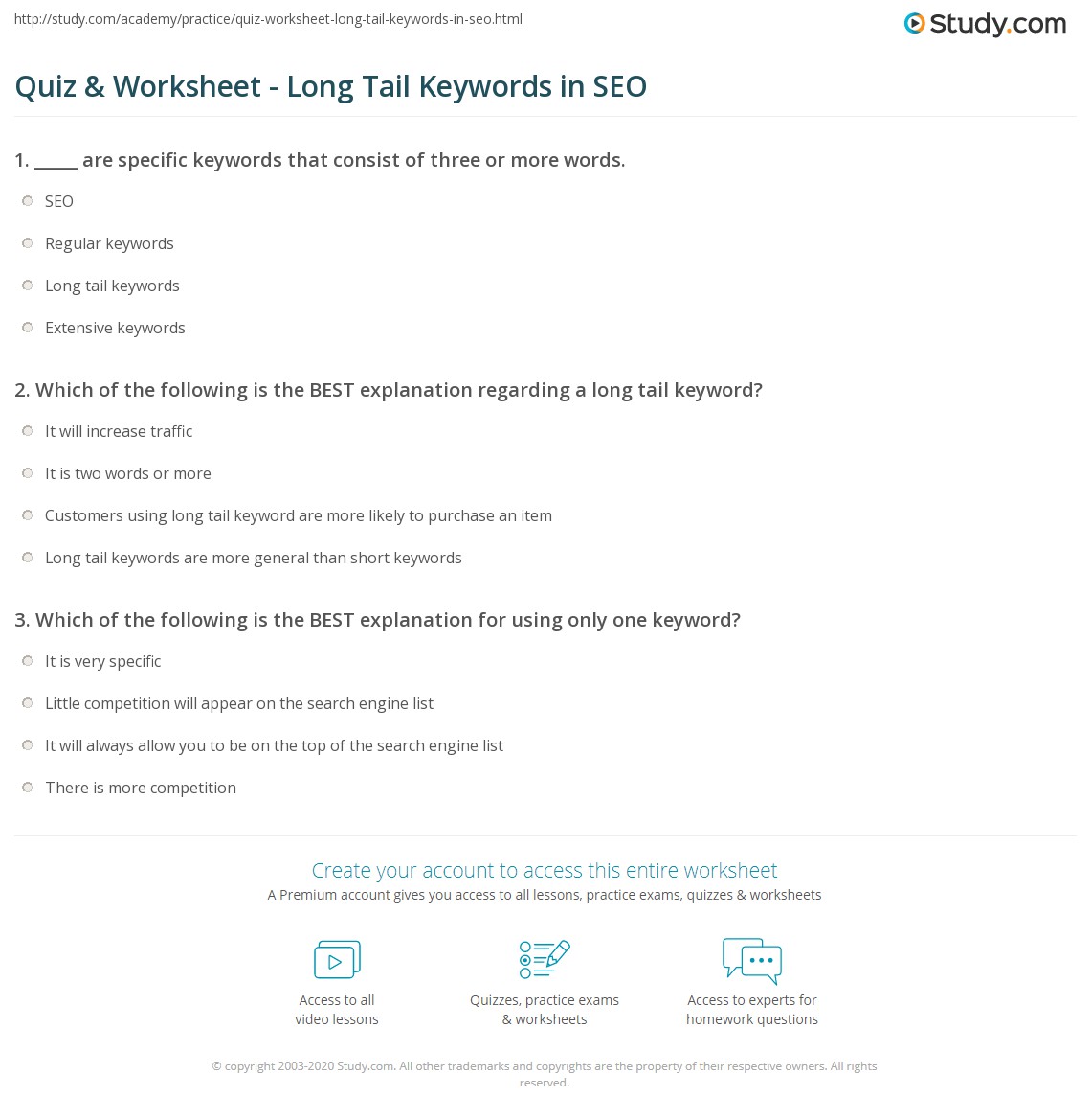Quiz &  Worksheet - Long Tail Keywords in SEO | Study.com