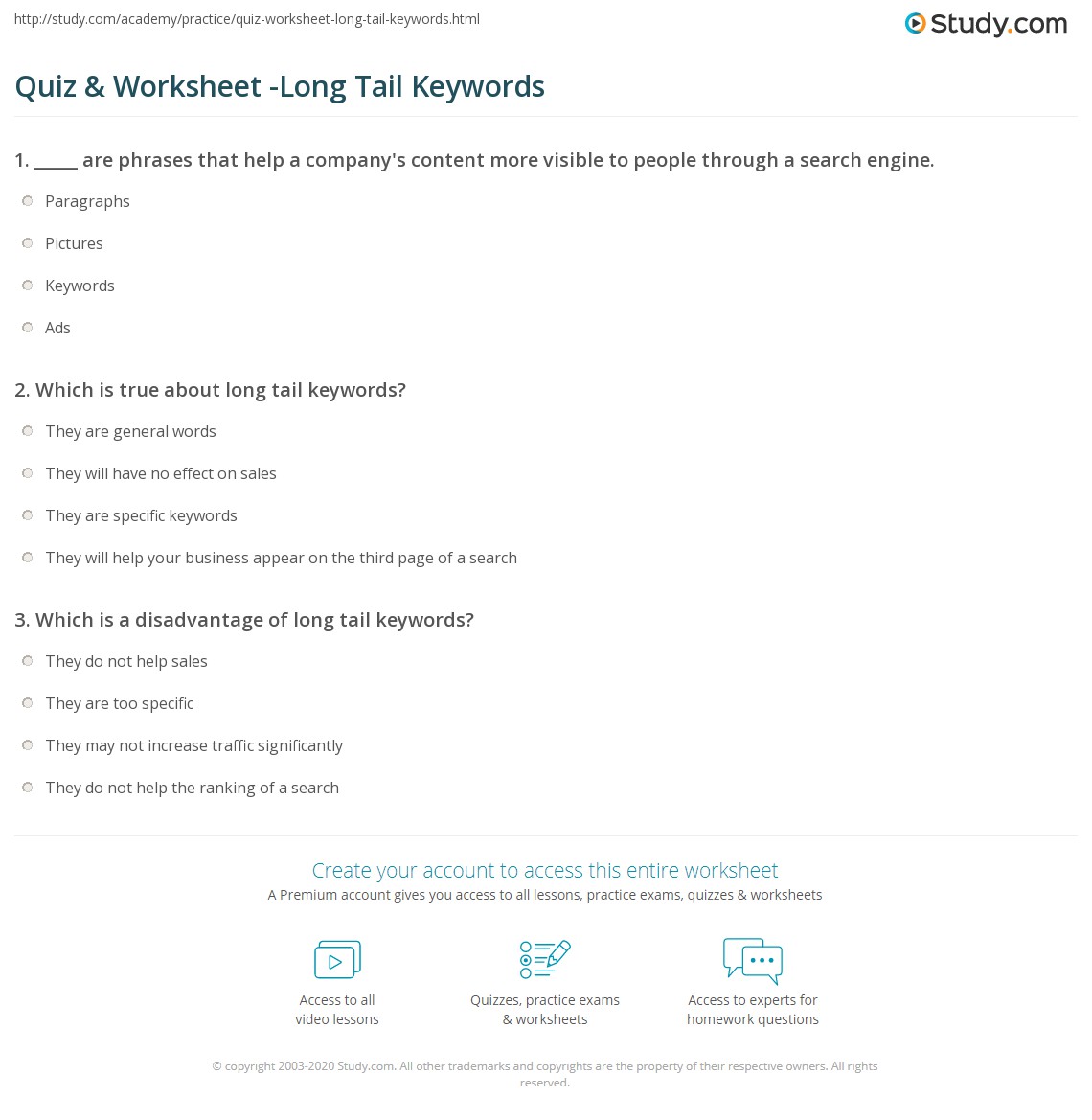 Quiz &  Worksheet - Long Tail Keywords | Study.com