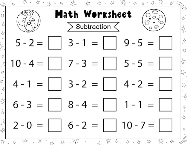 Premium Vector | Math worksheet for kids Subtraction Space black ...