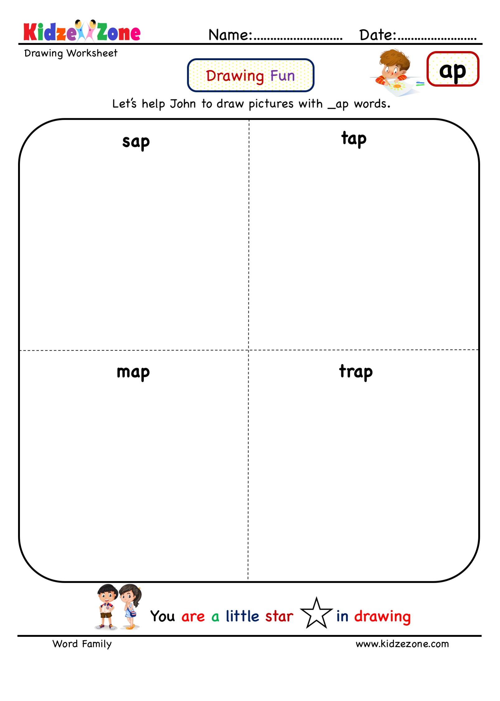 Kindergarten worksheets - ap word family - drawing