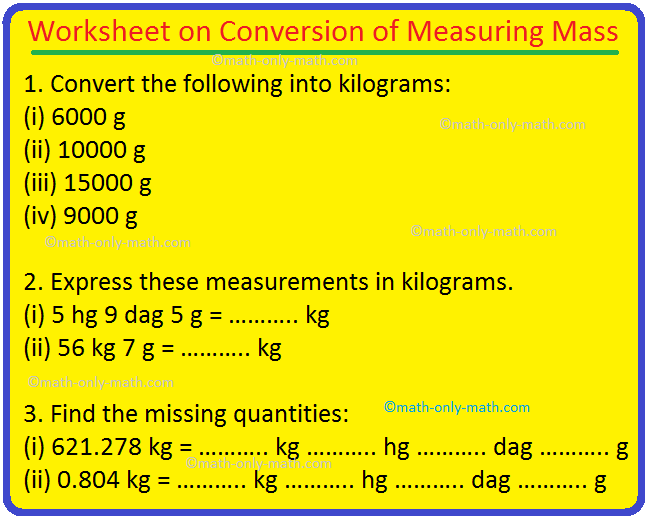 Worksheet on Conversion of Measuring Mass | Kilograms into Grams