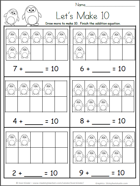 Free Winter Kindergarten Math Worksheets - Make 10 Penguins | Made ...