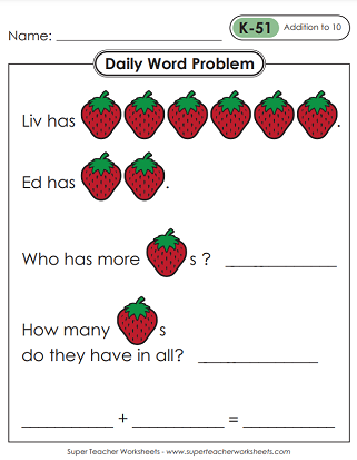 Daily Math Word Problem Worksheets - Kindergarten - Worksheets Library