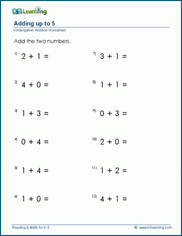 kindergarten addition worksheet by 1s