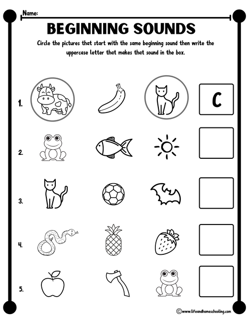 Kindergarten Beginning Sound Worksheet