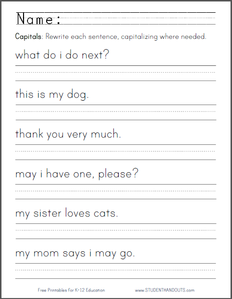 Capitalization Worksheet for Kindergarten | Student Handouts
