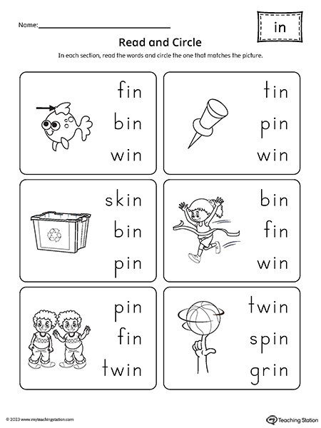 IN Word Family Match Picture to Words Worksheet ...