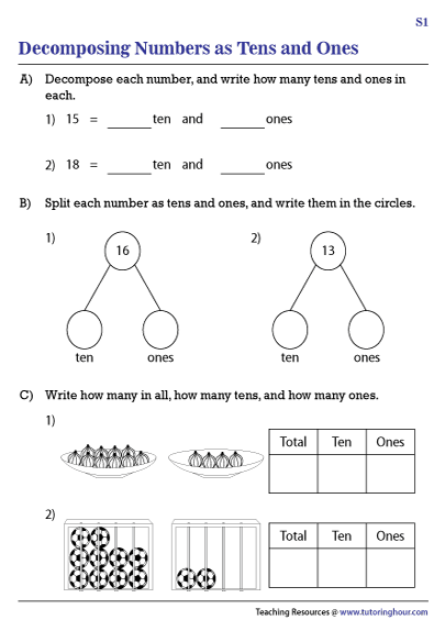 Decomposing Numbers as Tens and Ones Worksheets