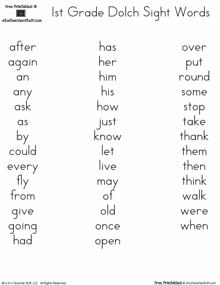 Printable Dolch Word Lists | A to Z Teacher Stuff Printable Pages ...