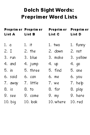 kindergarten dolch sight words printable