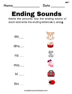 kindergarten ending sounds worksheet