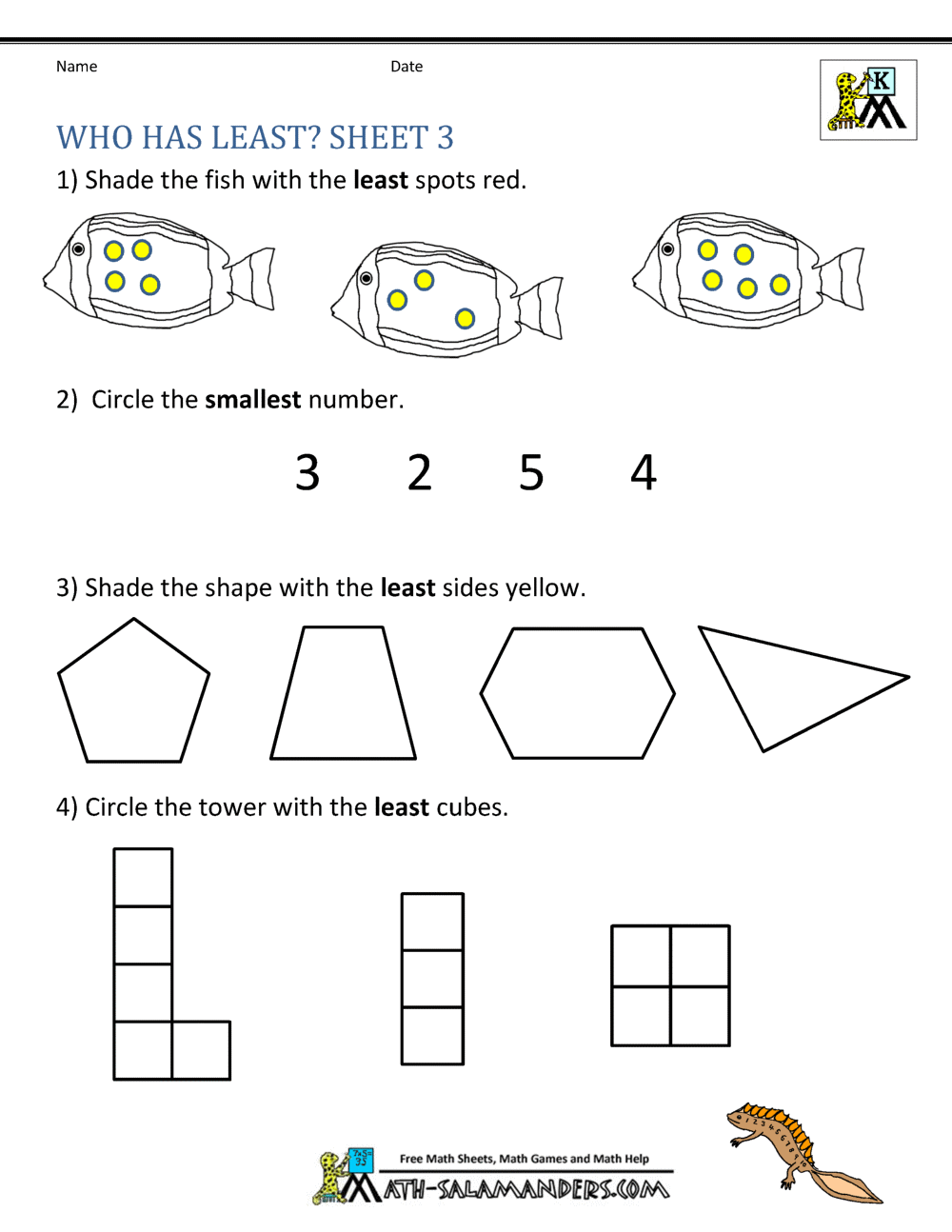 Printable Kindergarten Math Worksheets Comparing Numbers and Size