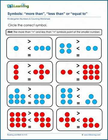 kindergarten more or less worksheet