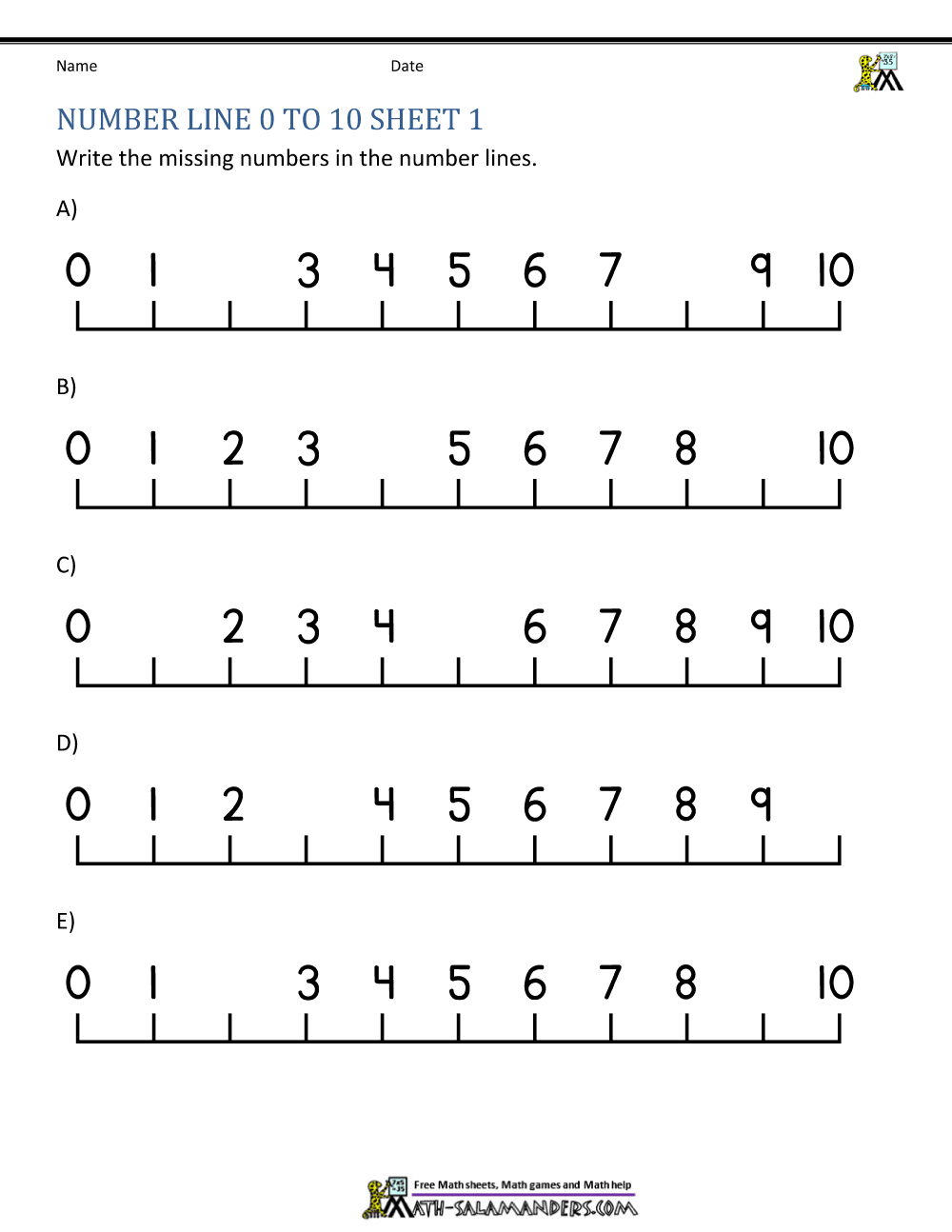 kindergarten number line worksheet