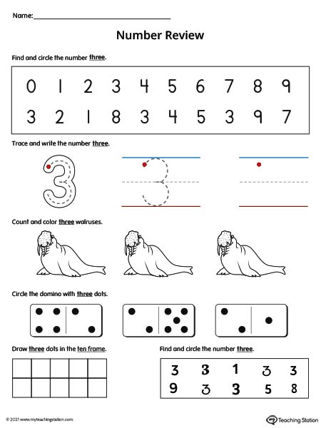 Number 3 Review Worksheet (Color) | MyTeachingStation.com