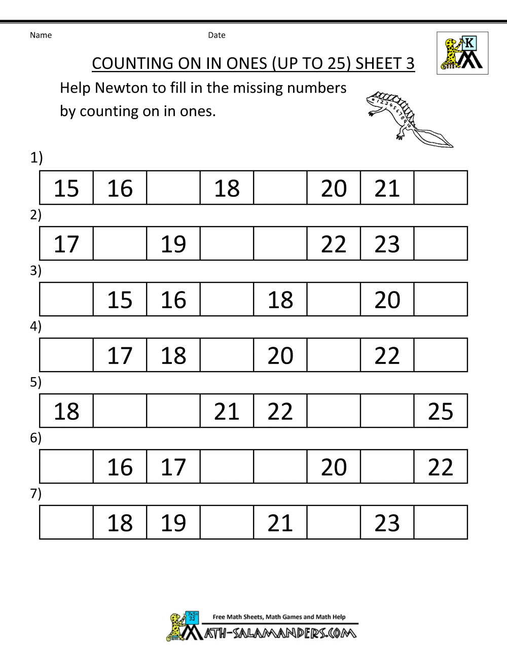 Kindergarten Counting Worksheets - Sequencing to 25