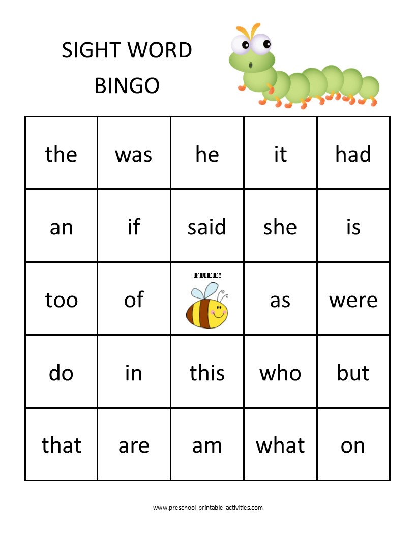 kindergarten sight word bingo printables