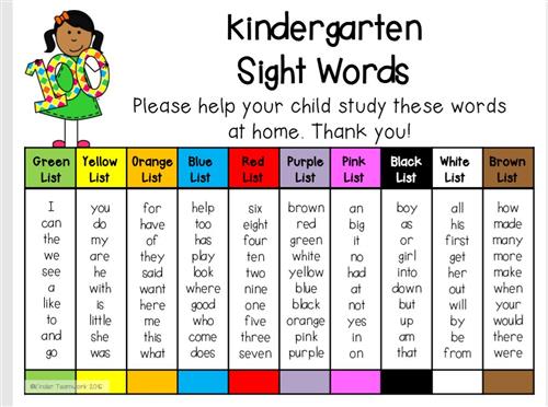 kindergarten sight word list