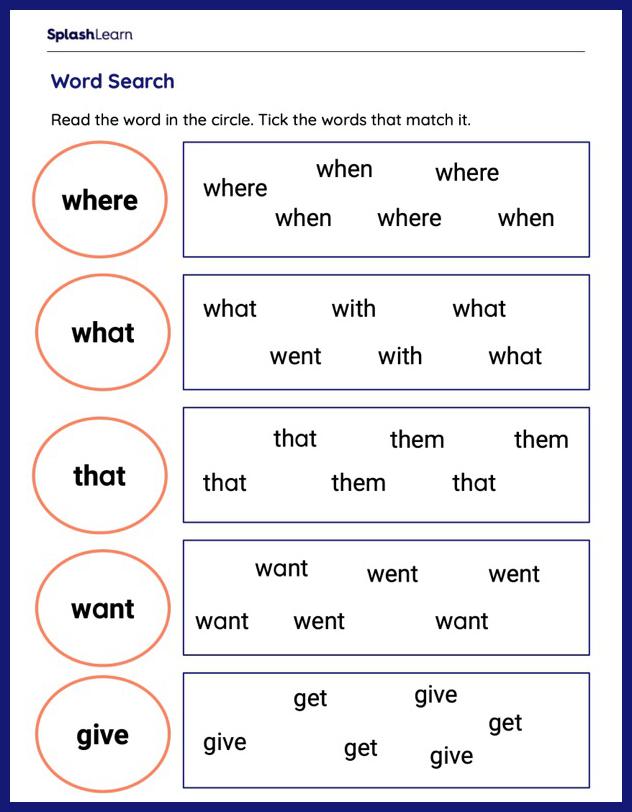 kindergarten sight word matching worksheet