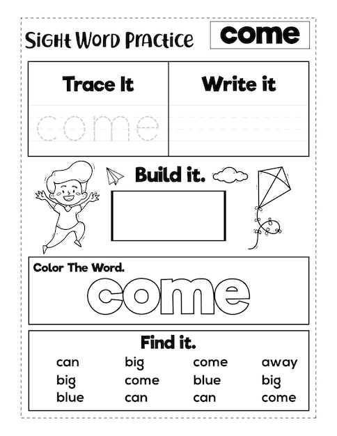 Premium Vector | Kindergarten sight words practice worksheets