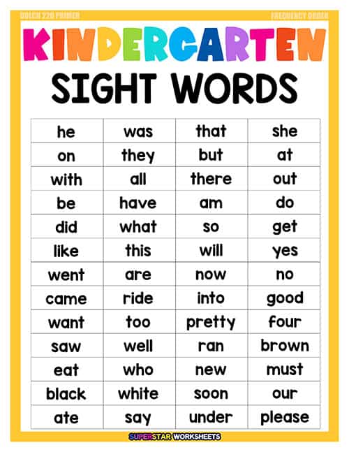 kindergarten sight words charts