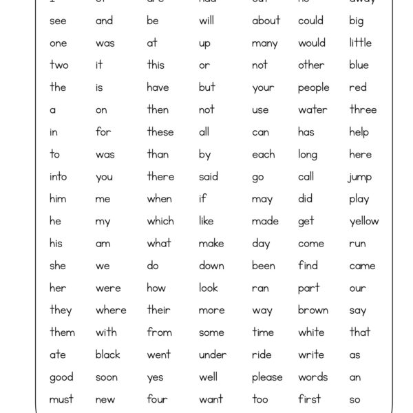kindergarten sight words charts